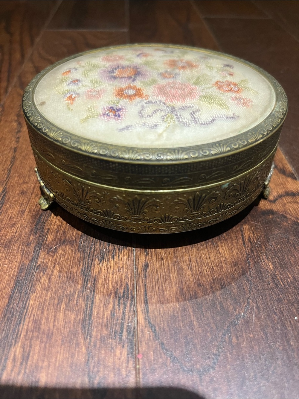 Vintage Floral Embroidered Round Trinket Box